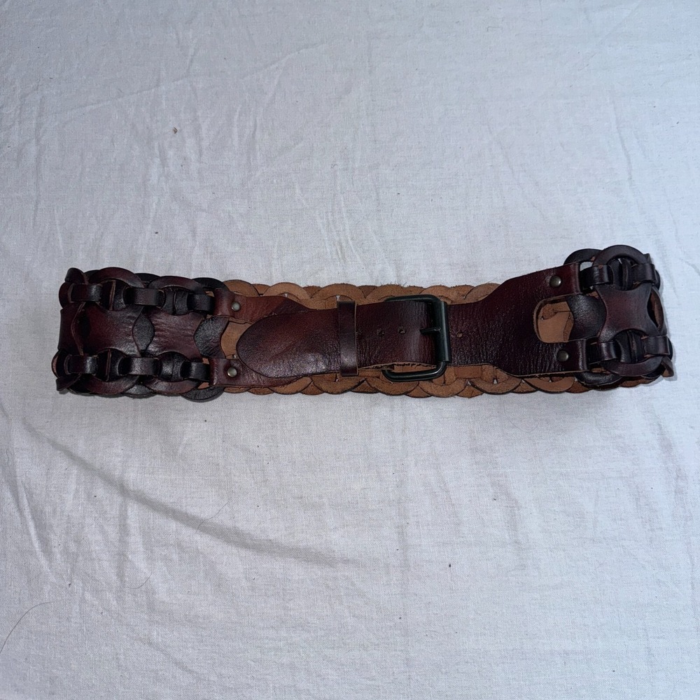 Vintage Y2K Hip Slung Waist Belt M Boho Chocolate Brown Woven Leather Adjustable - Picture 5 of 7